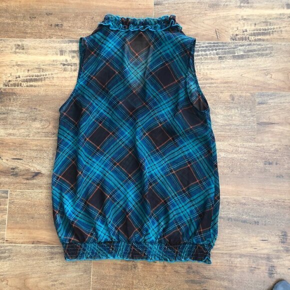 BEDO Femme Tartan Inspired Sheer Sleeveless Blouse - Picture 2 of 11
